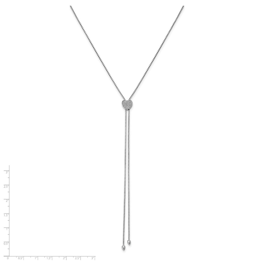 Sterling Silver Rhodium-plated Cubic Zirconia Heart 26in Lariat Adjustable Necklace – Elegant Jewelry Gift for Birthday, Anniversary, Engagement, Wedding