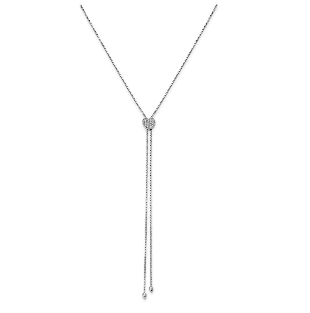 Sterling Silver Rhodium-plated Cubic Zirconia Heart 26in Lariat Adjustable Necklace – Elegant Jewelry Gift for Birthday, Anniversary, Engagement, Wedding