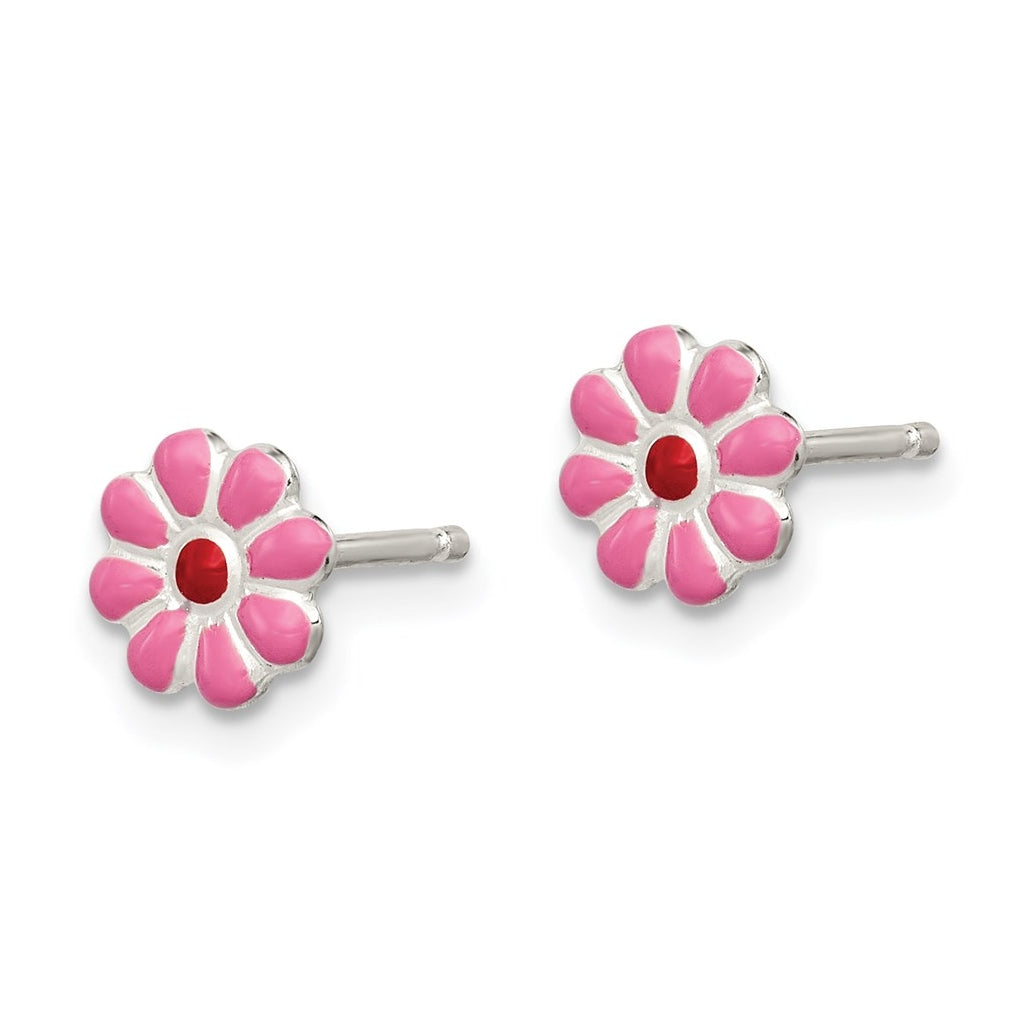 Sterling Silver Madi K Polished Pink & Red Enameled Flower Children's Post Earrings