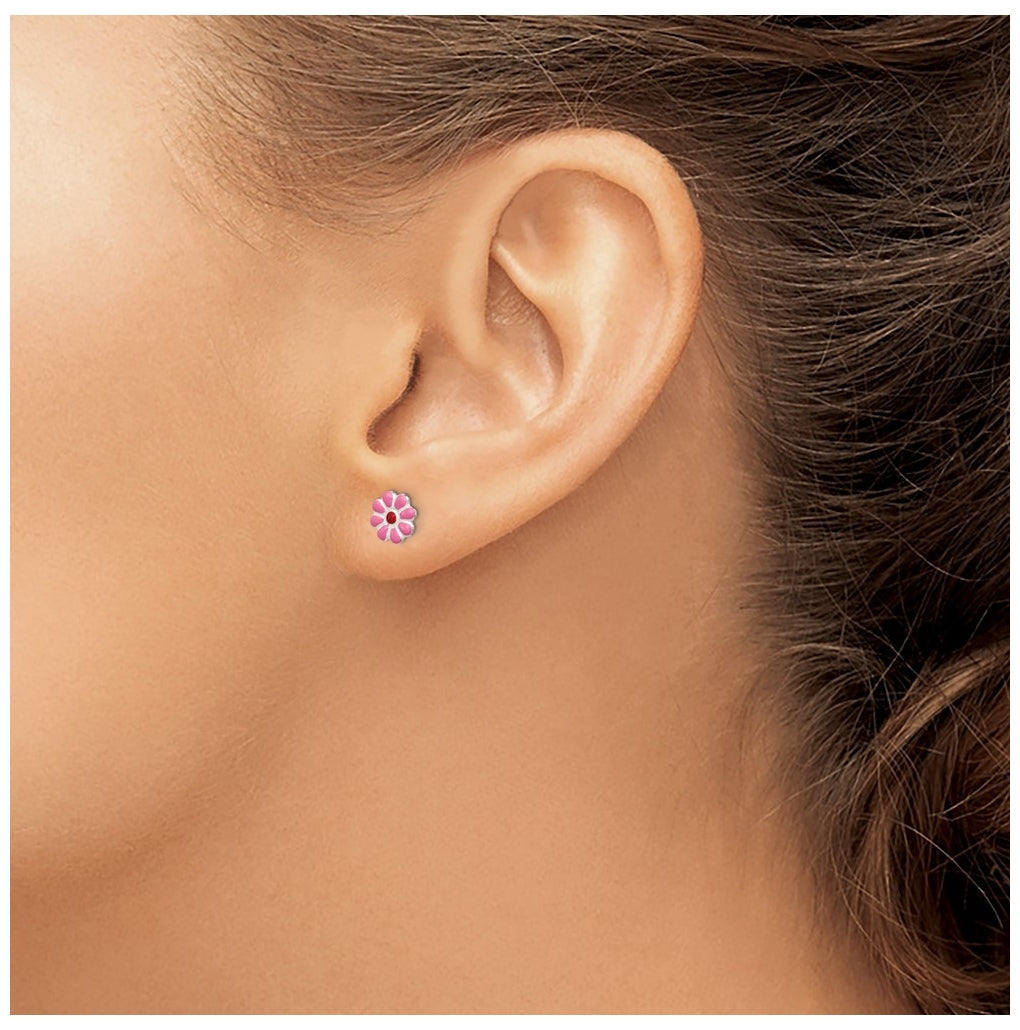 Sterling Silver Madi K Polished Pink & Red Enameled Flower Children's Post Earrings