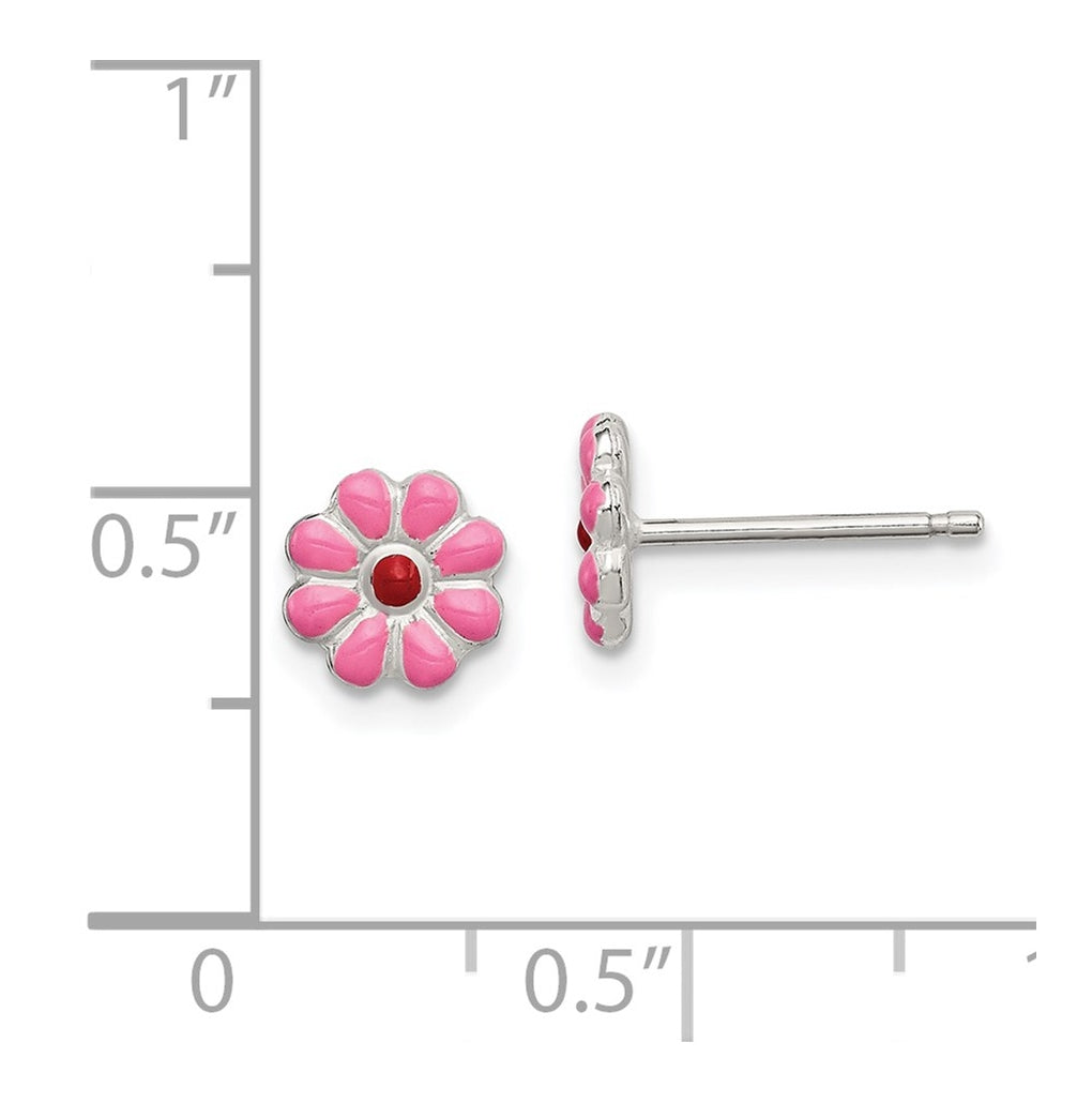 Sterling Silver Madi K Polished Pink & Red Enameled Flower Children's Post Earrings