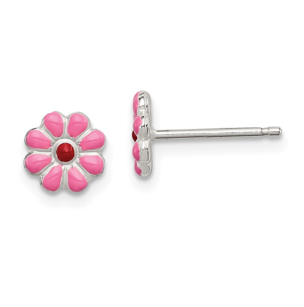 Sterling Silver Madi K Polished Pink & Red Enameled Flower Children's Post Earrings