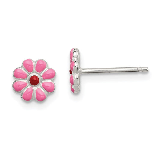 Sterling Silver Madi K Polished Pink & Red Enameled Flower Children's Post Earrings