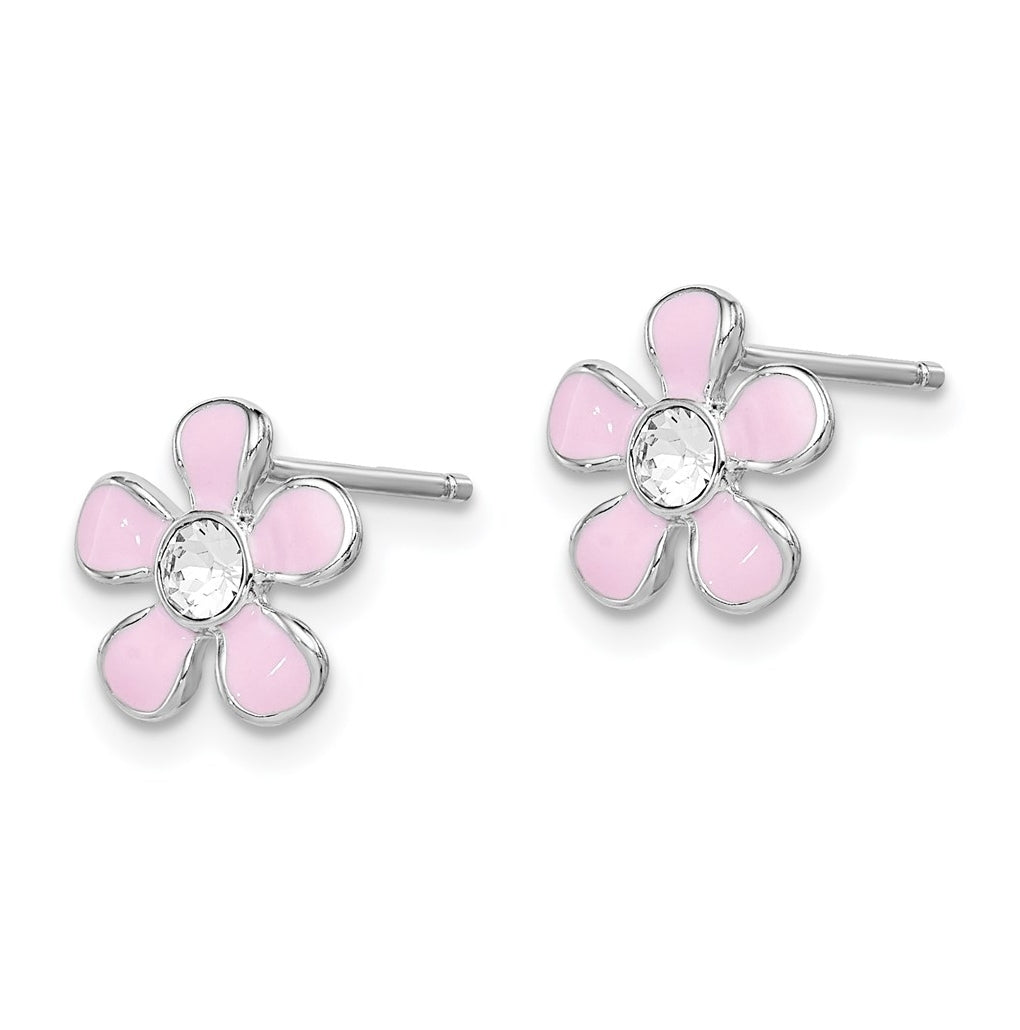 Sterling Silver Madi K Rhodium-plated Polished Pink Enamel & Crystal Flower Children's Post Earrings