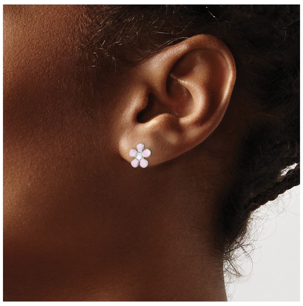 Sterling Silver Madi K Rhodium-plated Polished Pink Enamel & Crystal Flower Children's Post Earrings