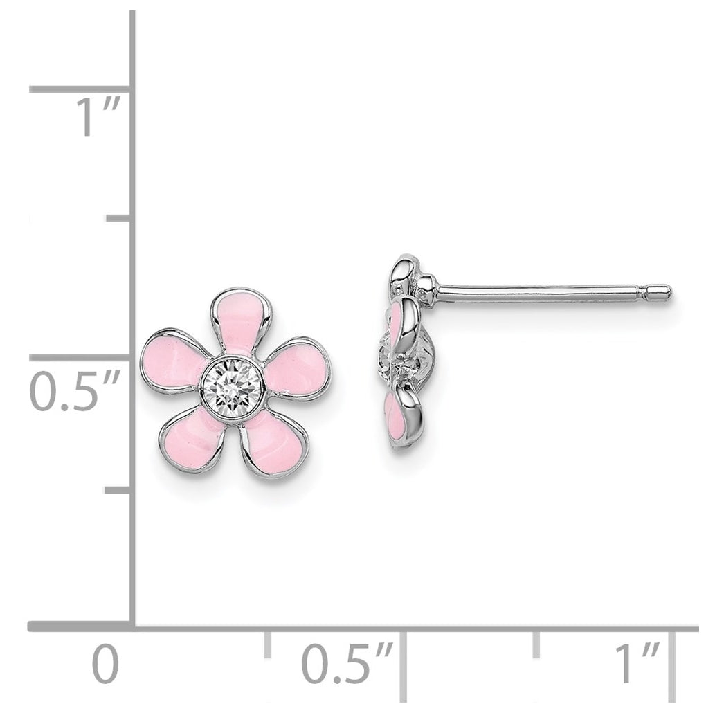 Sterling Silver Madi K Rhodium-plated Polished Pink Enamel & Crystal Flower Children's Post Earrings