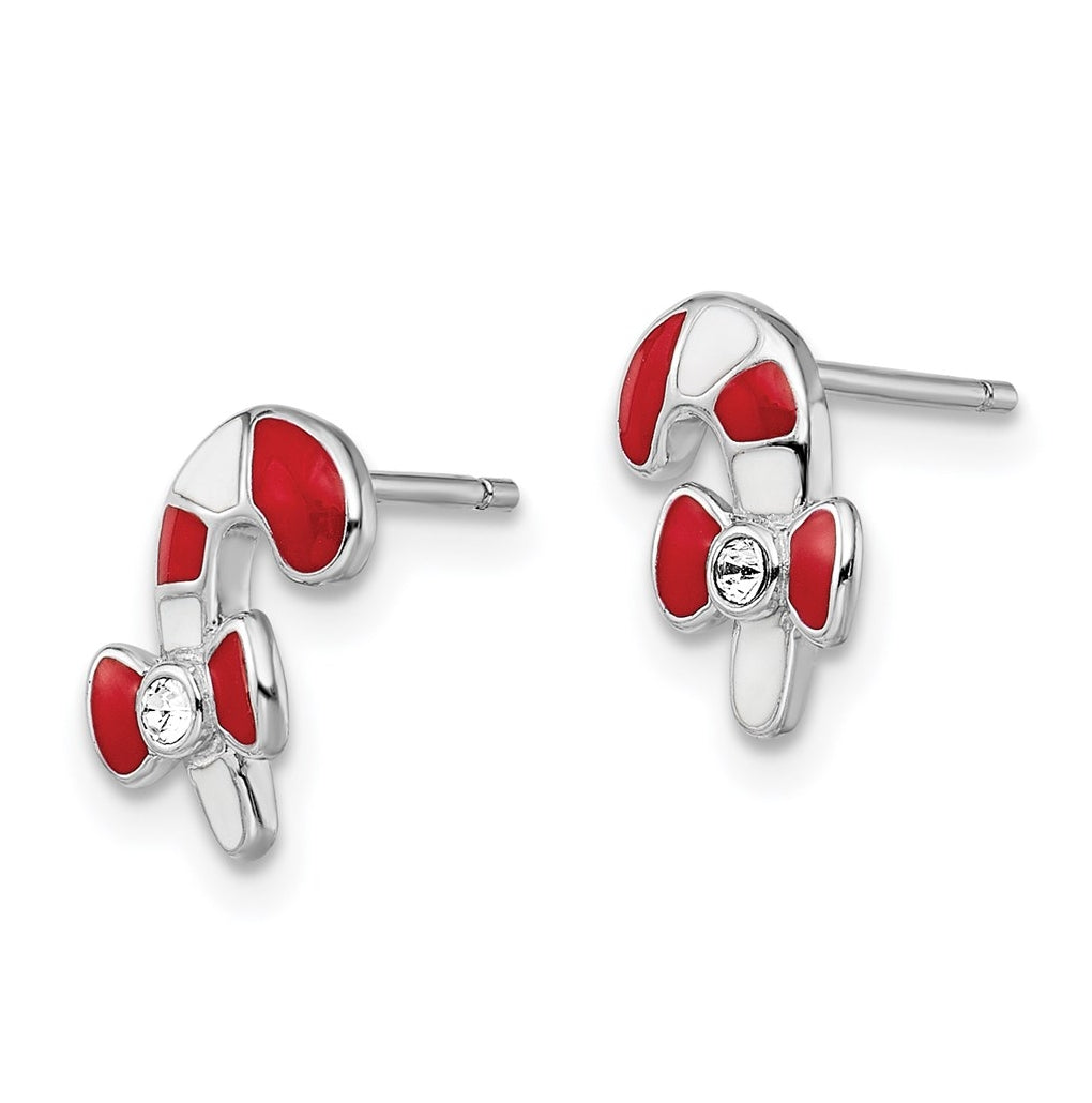 Sterling Silver Madi K Rhodium-plated Polished Red & White Enameled & Crystal Candy Cane Children's Post Earrings