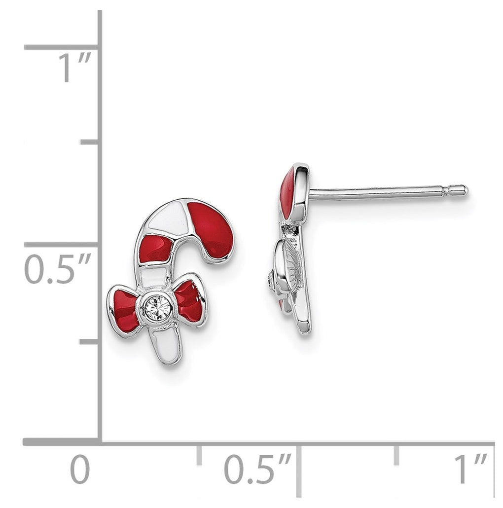 Sterling Silver Madi K Rhodium-plated Polished Red & White Enameled & Crystal Candy Cane Children's Post Earrings