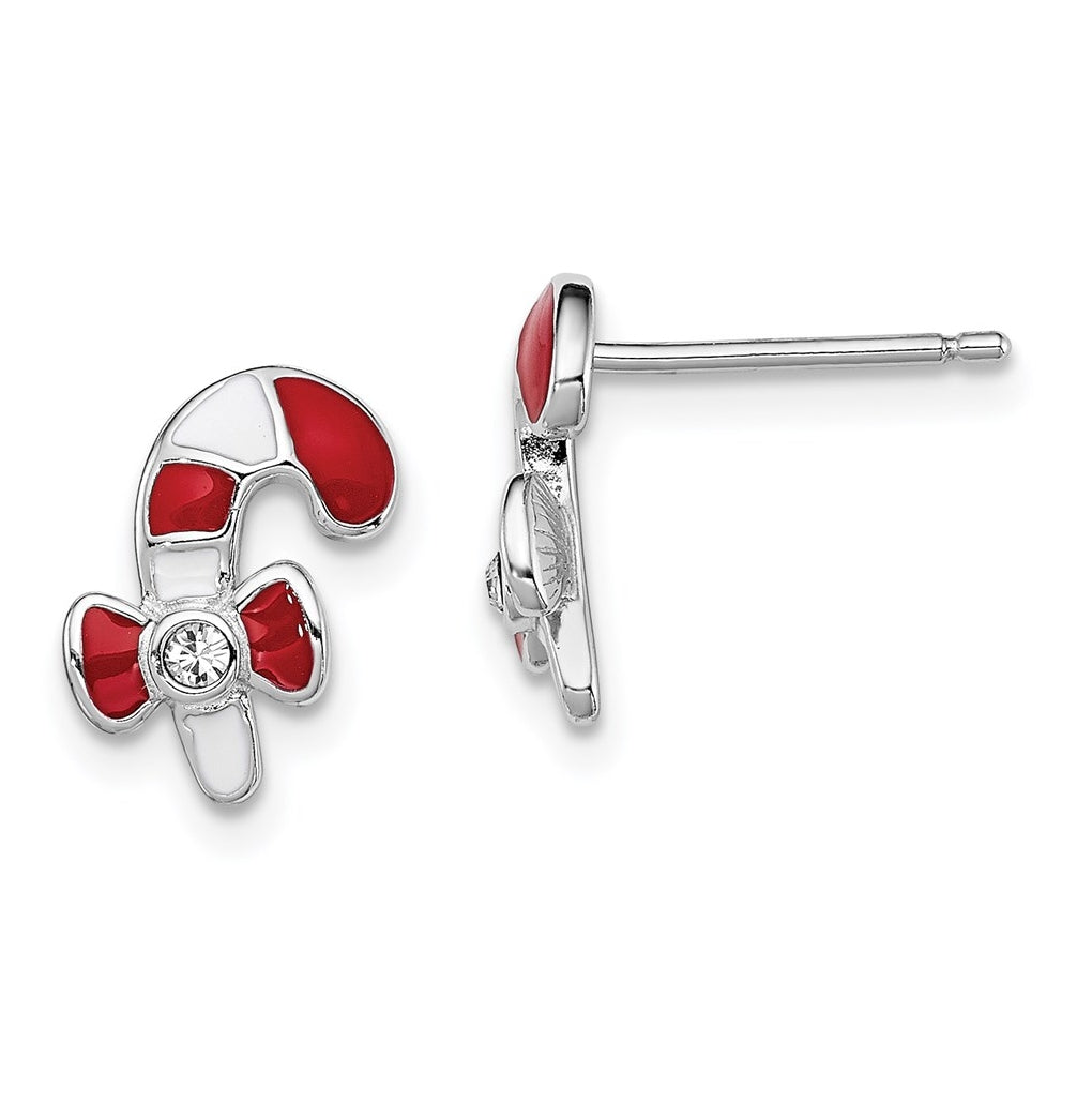Sterling Silver Madi K Rhodium-plated Polished Red & White Enameled & Crystal Candy Cane Children's Post Earrings