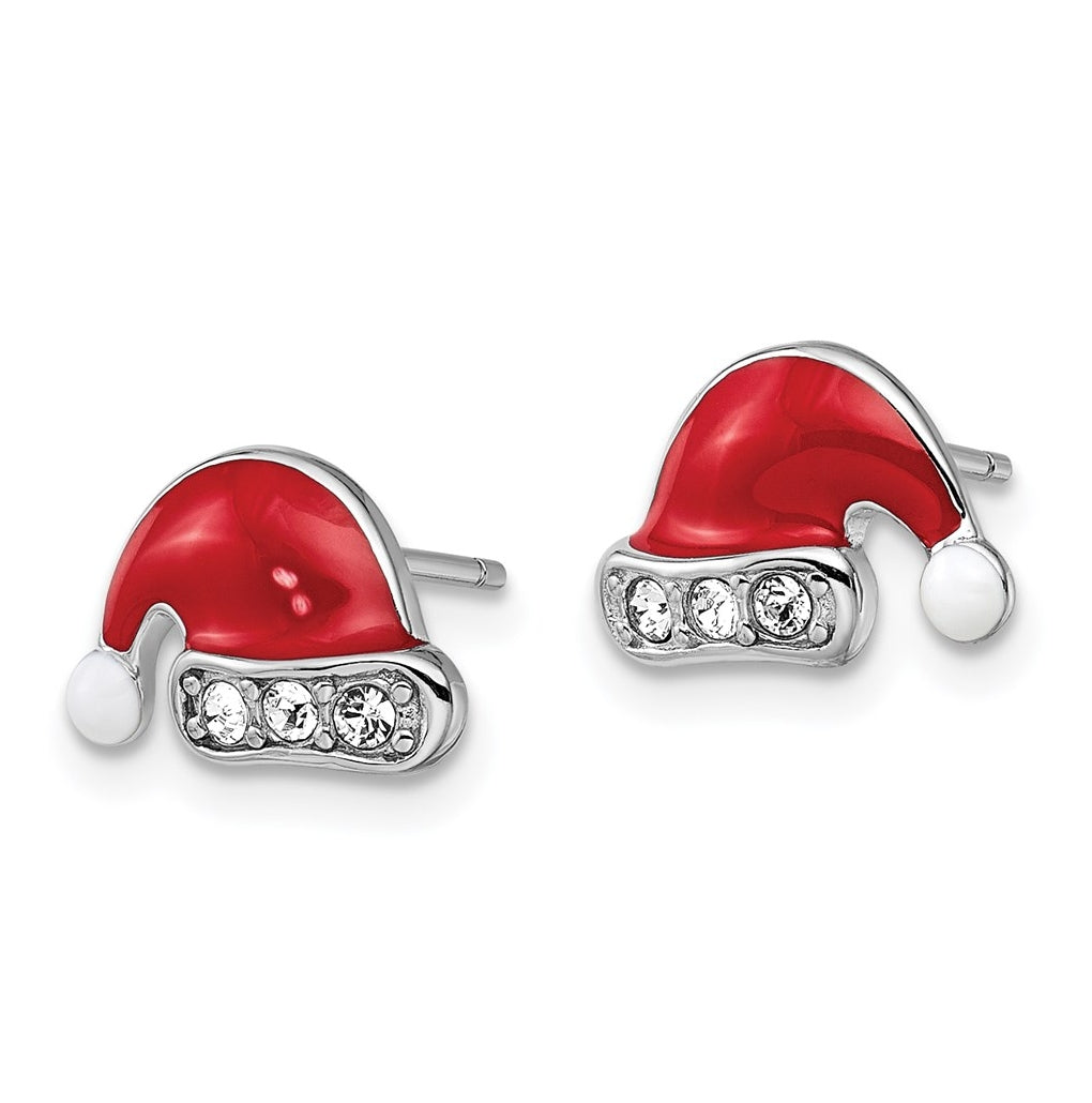 Sterling Silver Madi K Rhodium-plated Polished Red & White Enameled & Crystal Santa Hat Children's Post Earrings