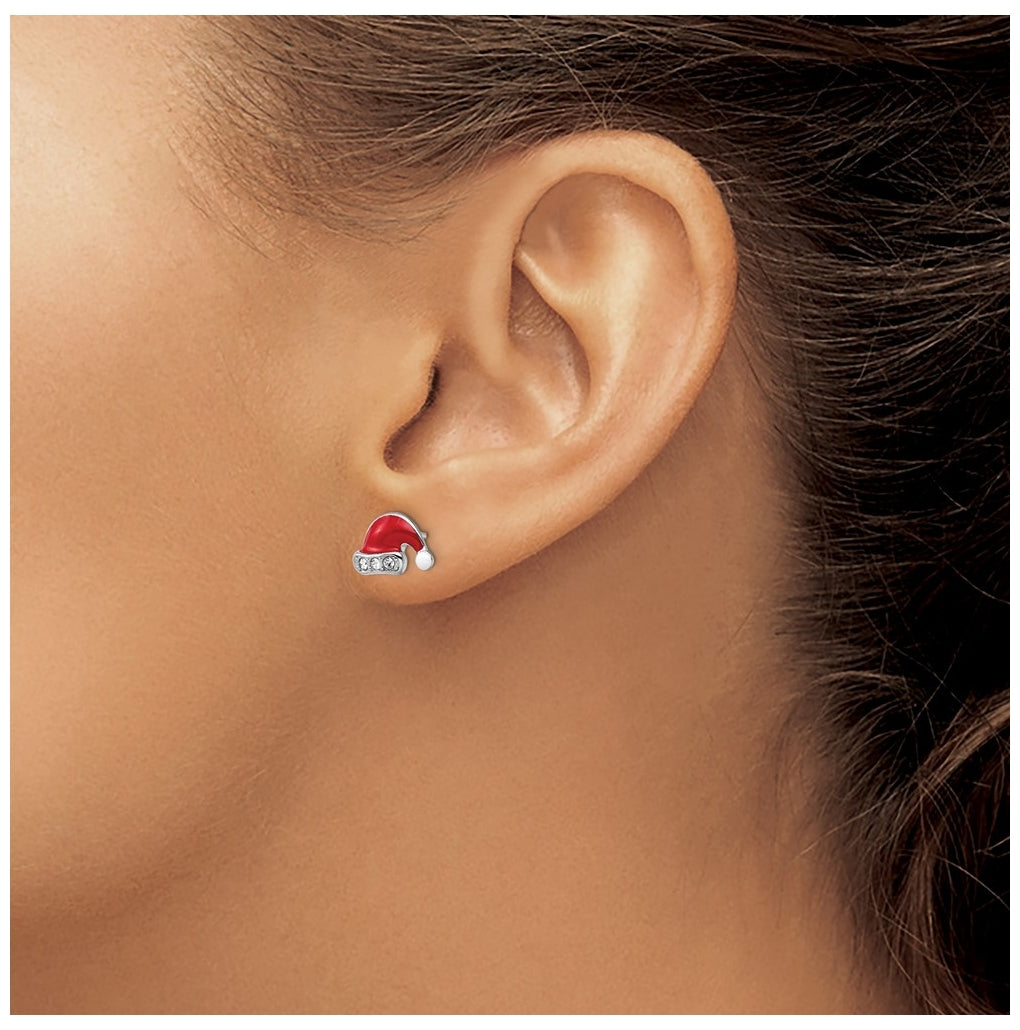 Sterling Silver Madi K Rhodium-plated Polished Red & White Enameled & Crystal Santa Hat Children's Post Earrings