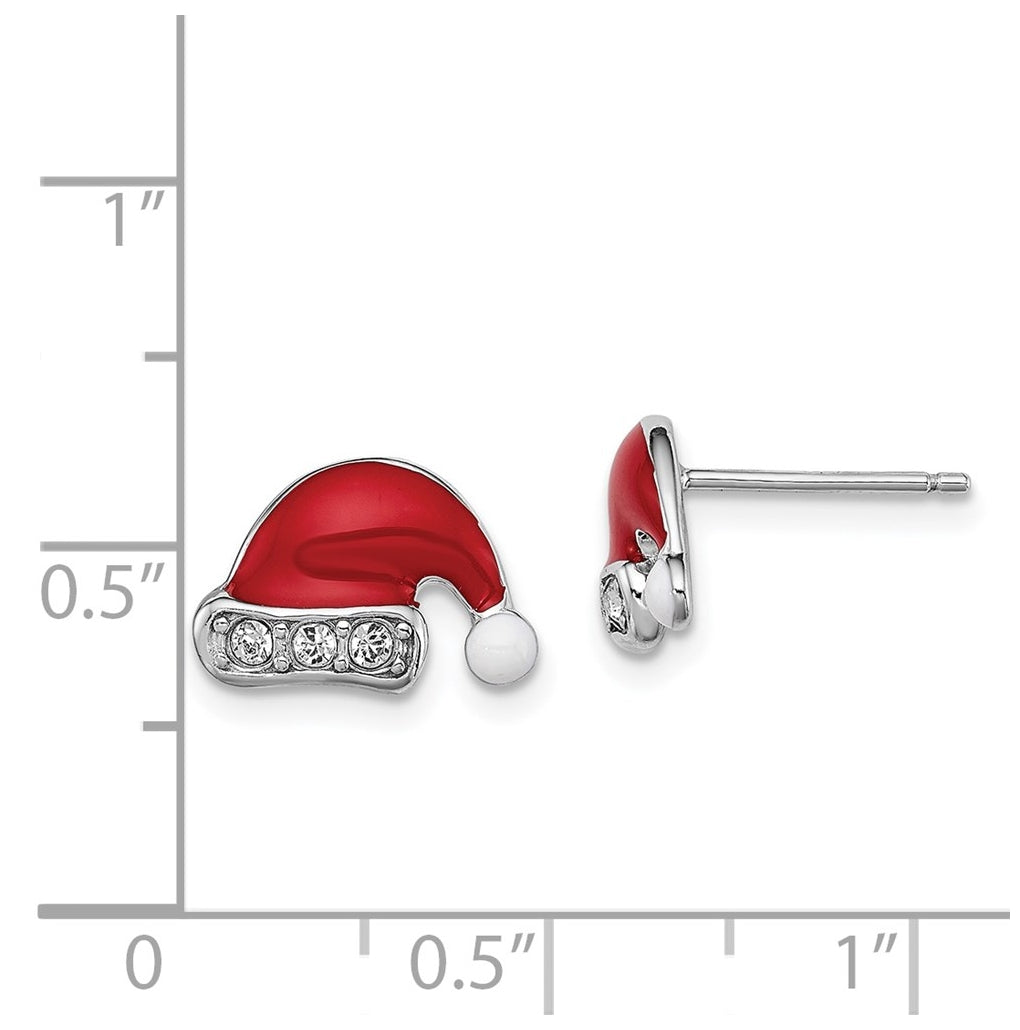 Sterling Silver Madi K Rhodium-plated Polished Red & White Enameled & Crystal Santa Hat Children's Post Earrings