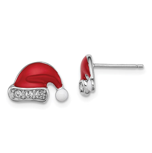 Sterling Silver Madi K Rhodium-plated Polished Red & White Enameled & Crystal Santa Hat Children's Post Earrings