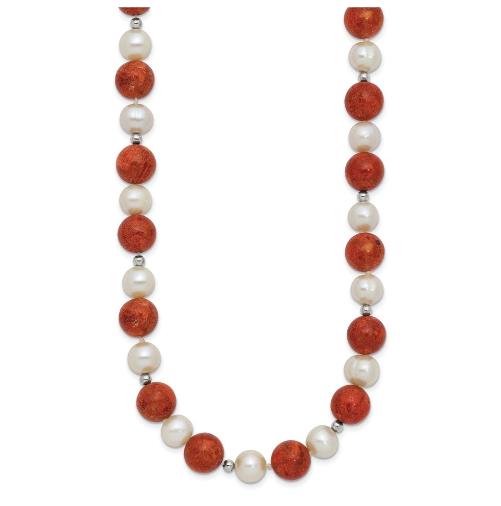Sterling Silver Rhod-pltd FWC Pearl / Stabilized Red Coral Necklace – Elegant Jewelry Gift for Birthday, Anniversary, Engagement, Wedding