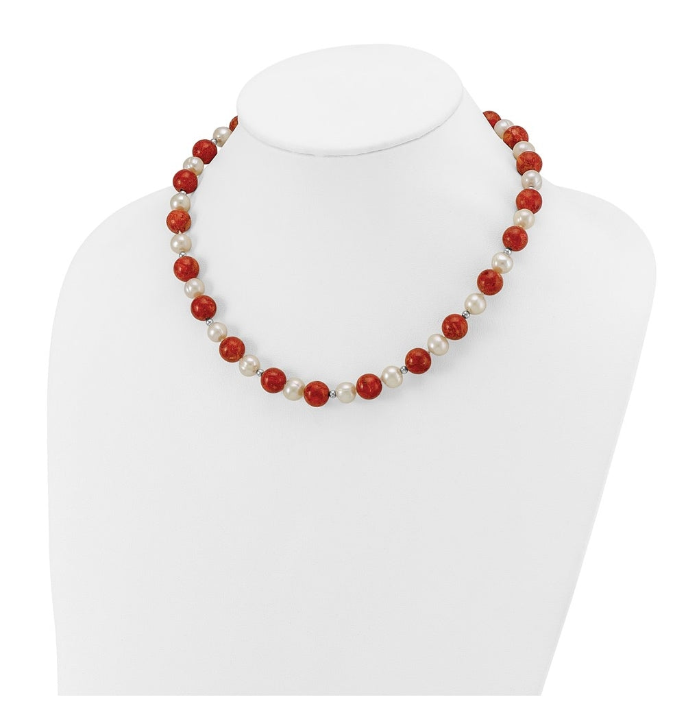 Sterling Silver Rhod-pltd FWC Pearl / Stabilized Red Coral Necklace – Elegant Jewelry Gift for Birthday, Anniversary, Engagement, Wedding