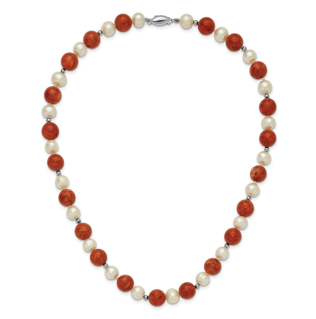 Sterling Silver Rhod-pltd FWC Pearl / Stabilized Red Coral Necklace – Elegant Jewelry Gift for Birthday, Anniversary, Engagement, Wedding