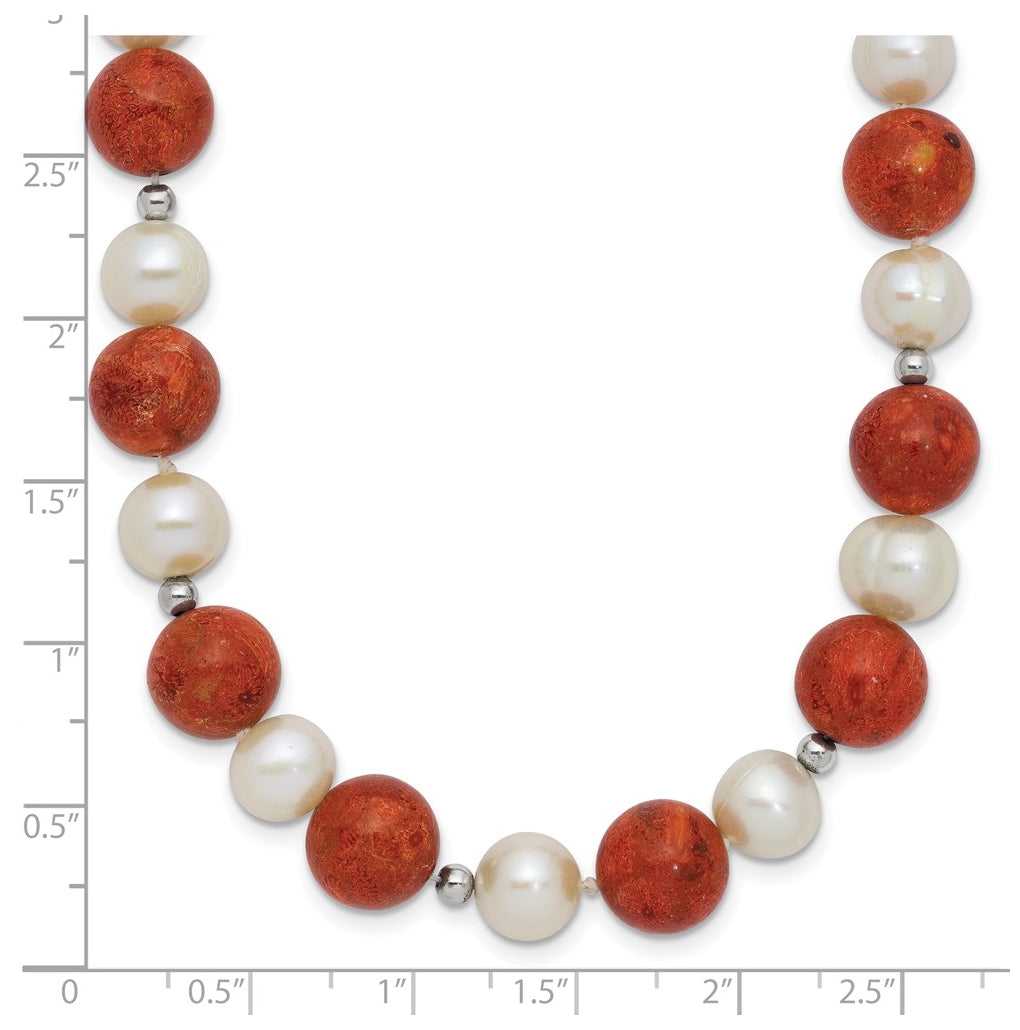 Sterling Silver Rhod-pltd FWC Pearl / Stabilized Red Coral Necklace – Elegant Jewelry Gift for Birthday, Anniversary, Engagement, Wedding