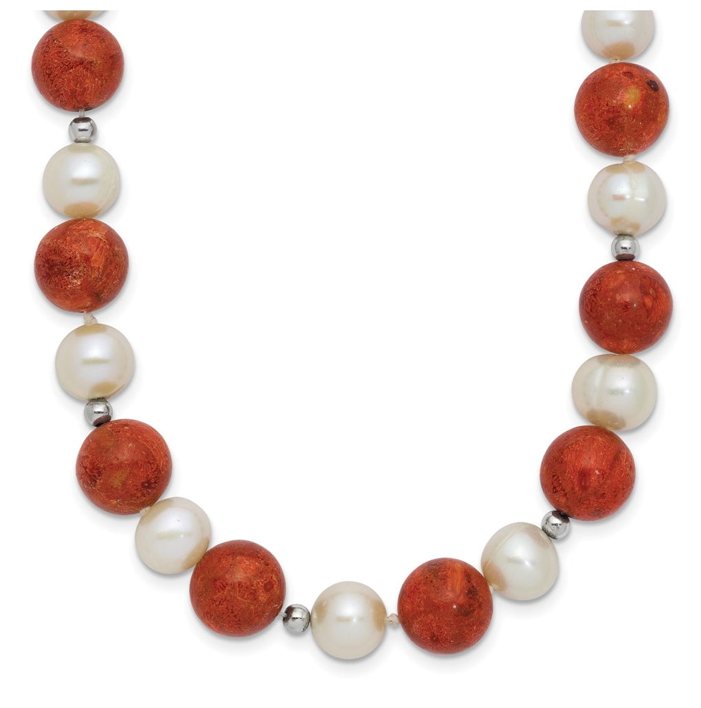Sterling Silver Rhod-pltd FWC Pearl / Stabilized Red Coral Necklace – Elegant Jewelry Gift for Birthday, Anniversary, Engagement, Wedding