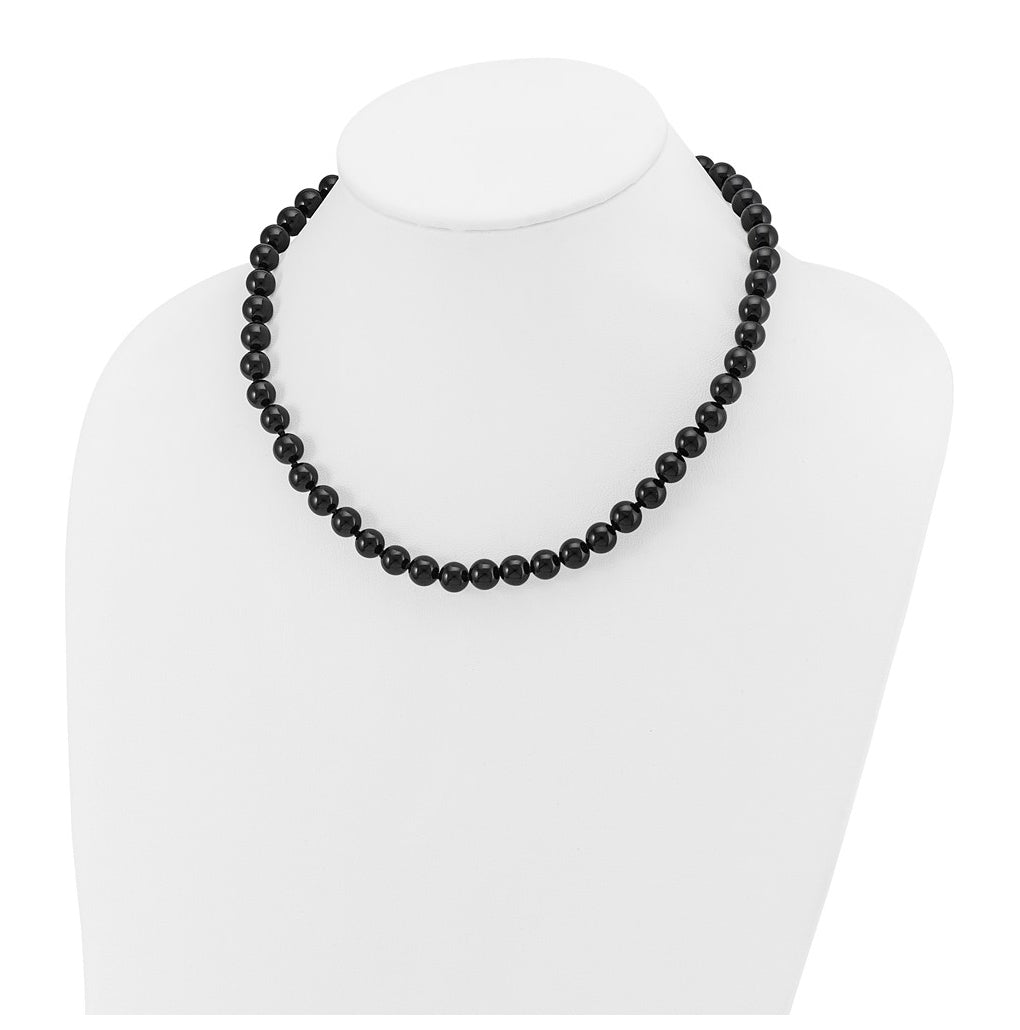 8-8.5mm Smooth Beaded Black Agate Necklace w/Sterling Silver Rhodium Plated Clasp – Elegant Jewelry Gift for Birthday, Anniversary, Engagement, Wedding