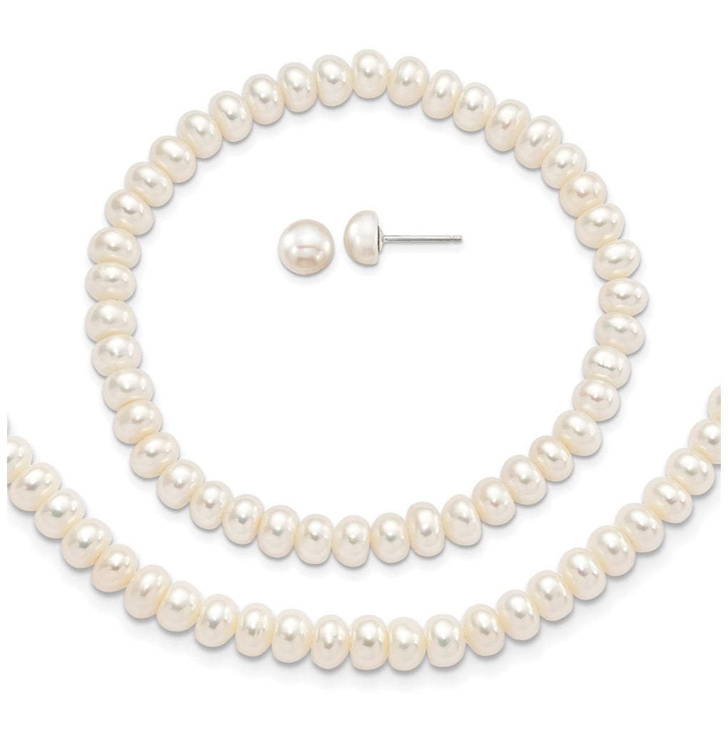 Sterling Silver Rhod-pltd White 6-7mm 3 piece FW Cultured Pearl Set – Elegant Jewelry Gift for Birthday, Anniversary, Engagement, Wedding