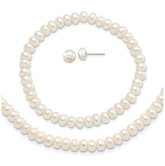 Sterling Silver Rhod-pltd White 6-7mm 3 piece FW Cultured Pearl Set – Elegant Jewelry Gift for Birthday, Anniversary, Engagement, Wedding