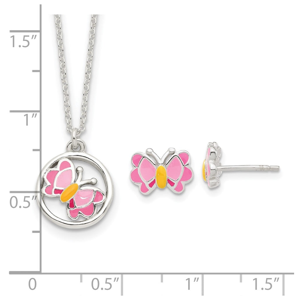 Sterling Silver Polished Enameled Butterfly Earrings & Necklace Set – Elegant Jewelry Gift for Birthday, Anniversary, Engagement, Wedding
