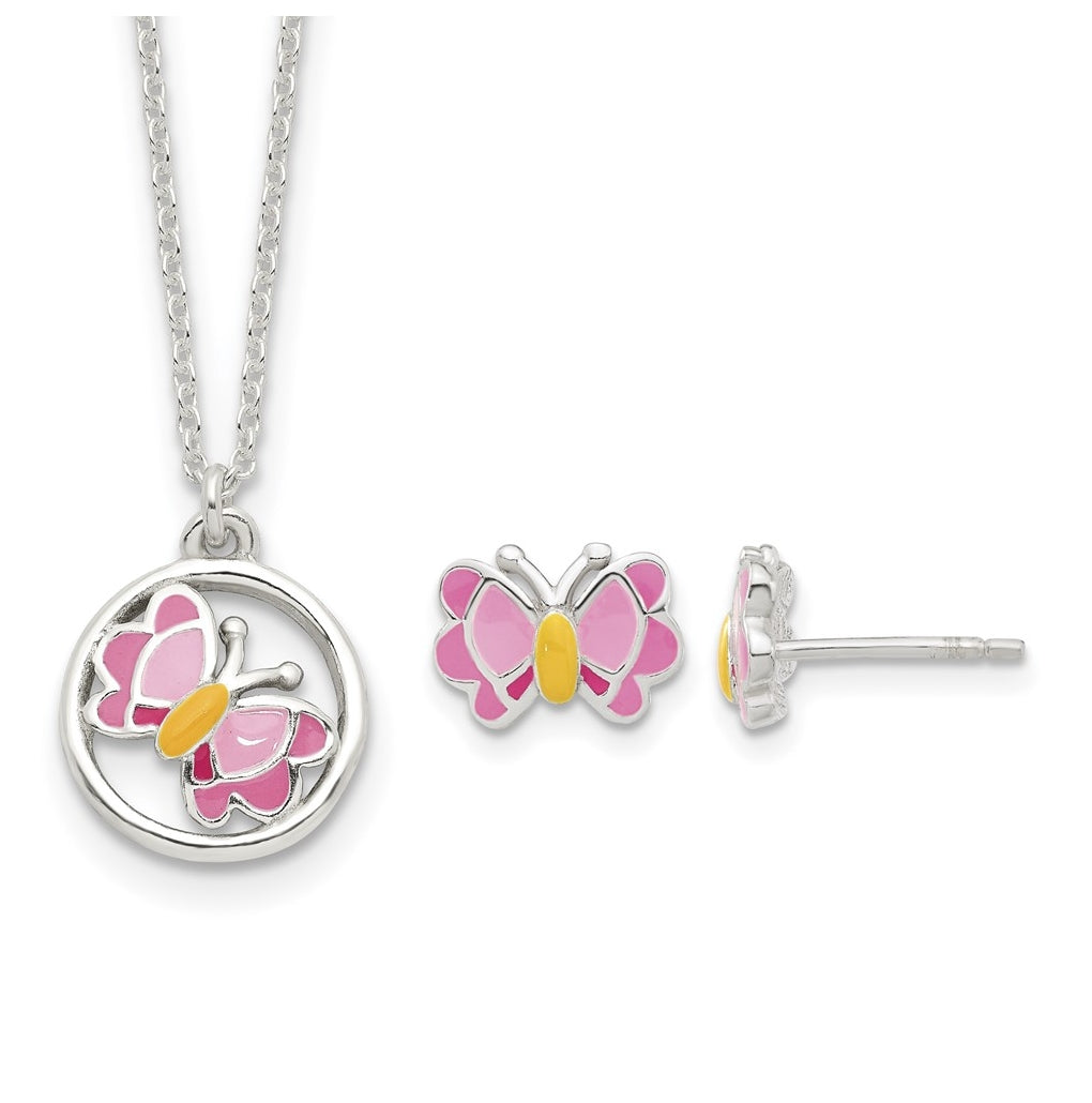Sterling Silver Polished Enameled Butterfly Earrings & Necklace Set – Elegant Jewelry Gift for Birthday, Anniversary, Engagement, Wedding