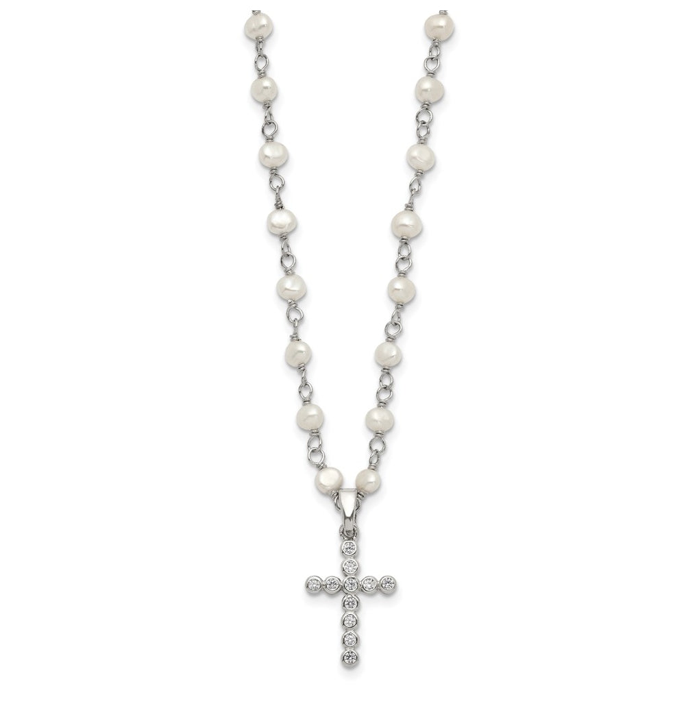 Sterling Silver Rhodium-plated 4-5mm White FWC Pearl Cubic Zirconia Cross Necklace – Elegant Jewelry Gift for Birthday, Anniversary, Engagement, Wedding