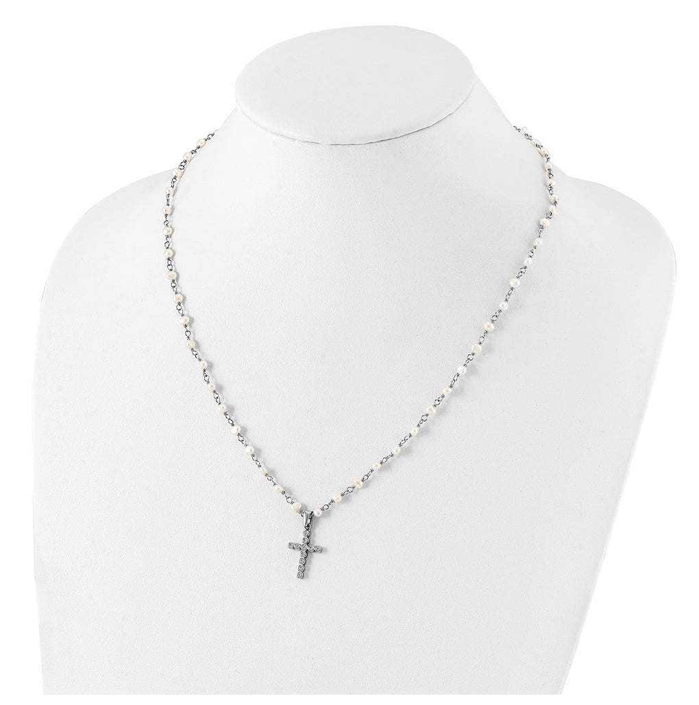 Sterling Silver Rhodium-plated 4-5mm White FWC Pearl Cubic Zirconia Cross Necklace – Elegant Jewelry Gift for Birthday, Anniversary, Engagement, Wedding