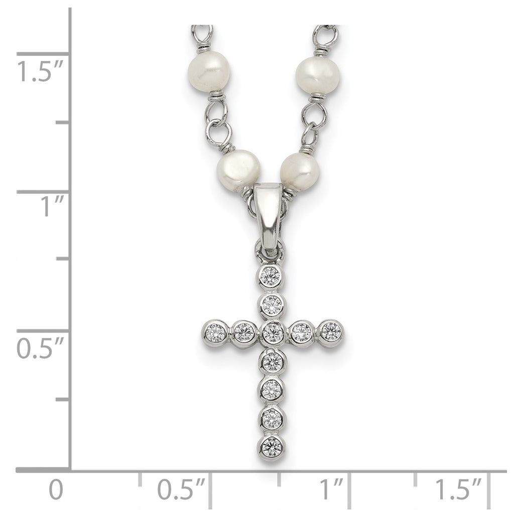 Sterling Silver Rhodium-plated 4-5mm White FWC Pearl Cubic Zirconia Cross Necklace – Elegant Jewelry Gift for Birthday, Anniversary, Engagement, Wedding