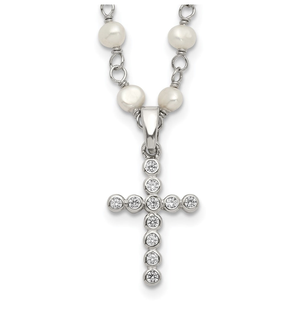 Sterling Silver Rhodium-plated 4-5mm White FWC Pearl Cubic Zirconia Cross Necklace – Elegant Jewelry Gift for Birthday, Anniversary, Engagement, Wedding