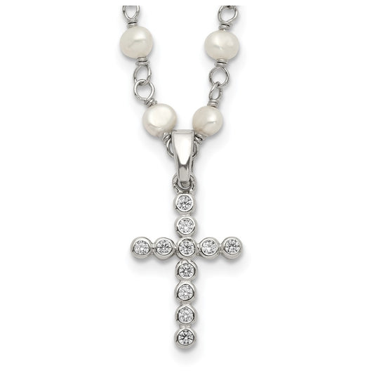 Sterling Silver Rhodium-plated 4-5mm White FWC Pearl Cubic Zirconia Cross Necklace – Elegant Jewelry Gift for Birthday, Anniversary, Engagement, Wedding