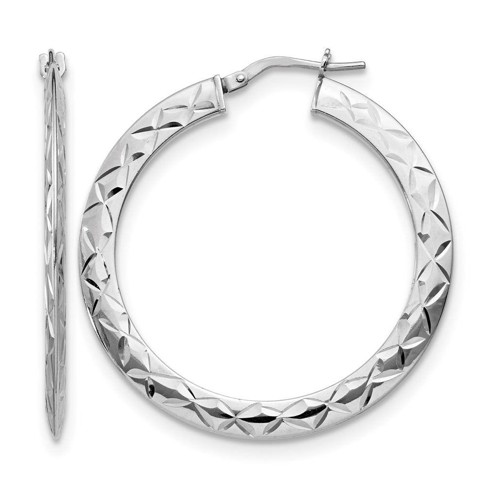 Leslie's Sterling Silver Rhodium-plated Polished & Diamond Cut Hoop Earrings – Elegant Jewelry Gift for Birthday, Anniversary, Engagement, Wedding