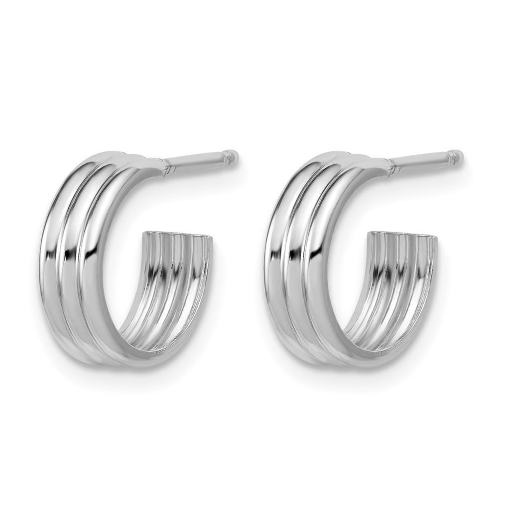 Sterling Silver Rh-Plated Polished Grooved J-Hoop Post Earrings