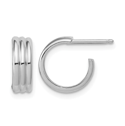 Sterling Silver Rh-Plated Polished Grooved J-Hoop Post Earrings