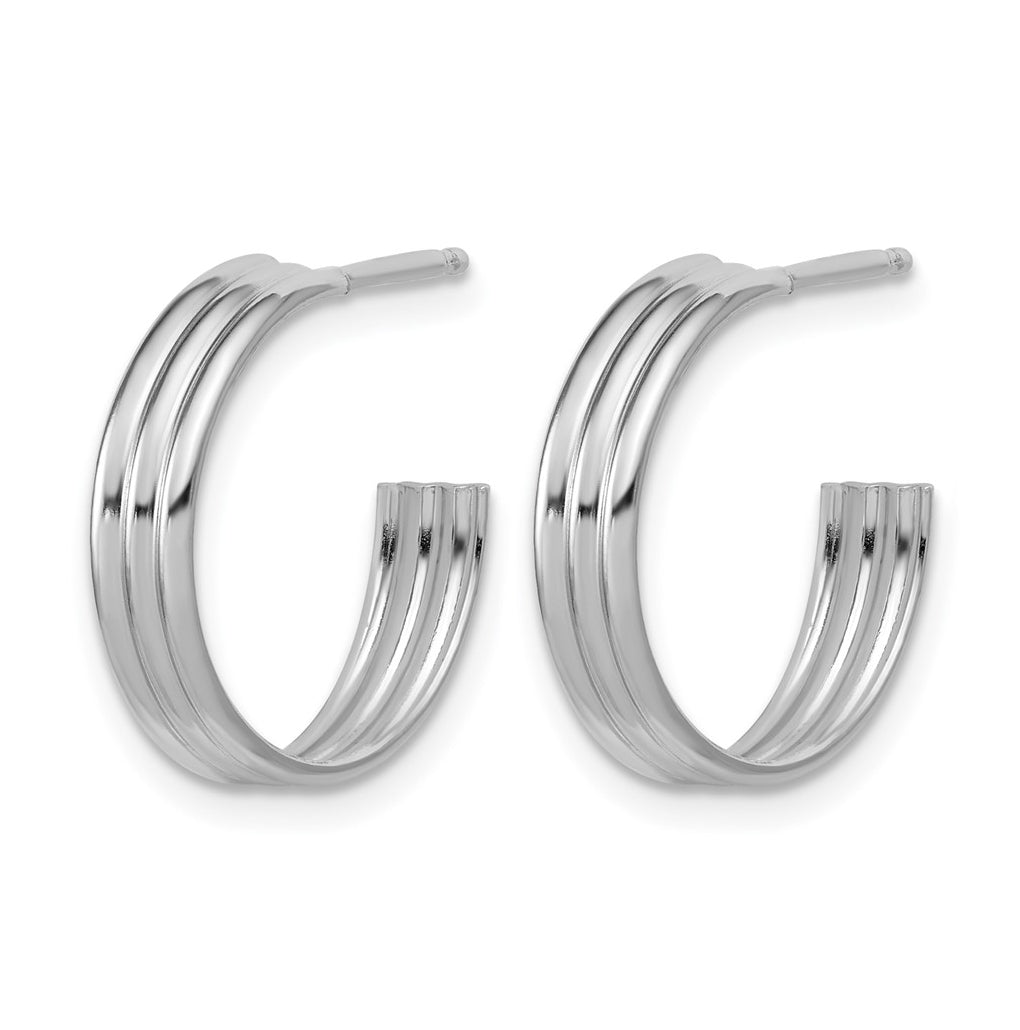 Sterling Silver Rh-Plated Polished Grooved J-Hoop Post Earrings