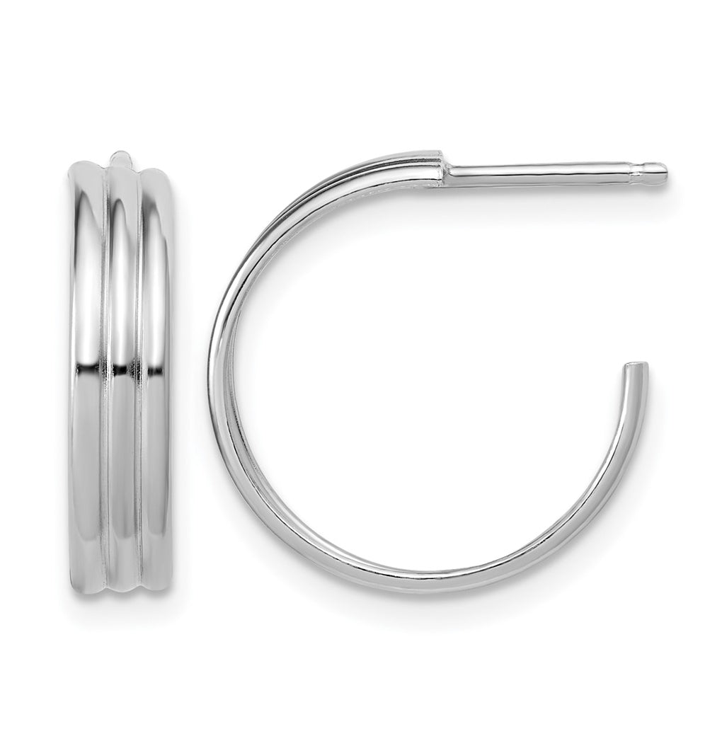 Sterling Silver Rh-Plated Polished Grooved J-Hoop Post Earrings
