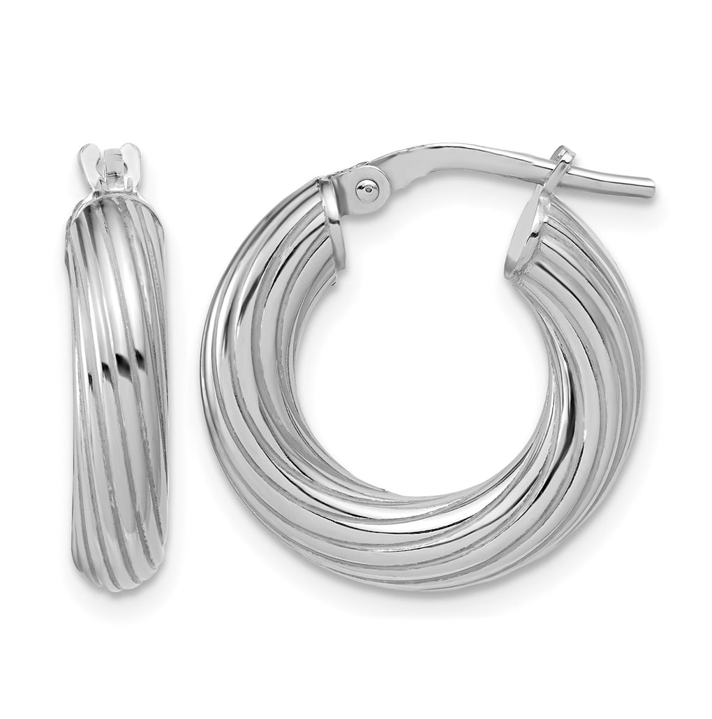 Sterling Silver Rh-Plated Polished Grooved Hoop Earrings