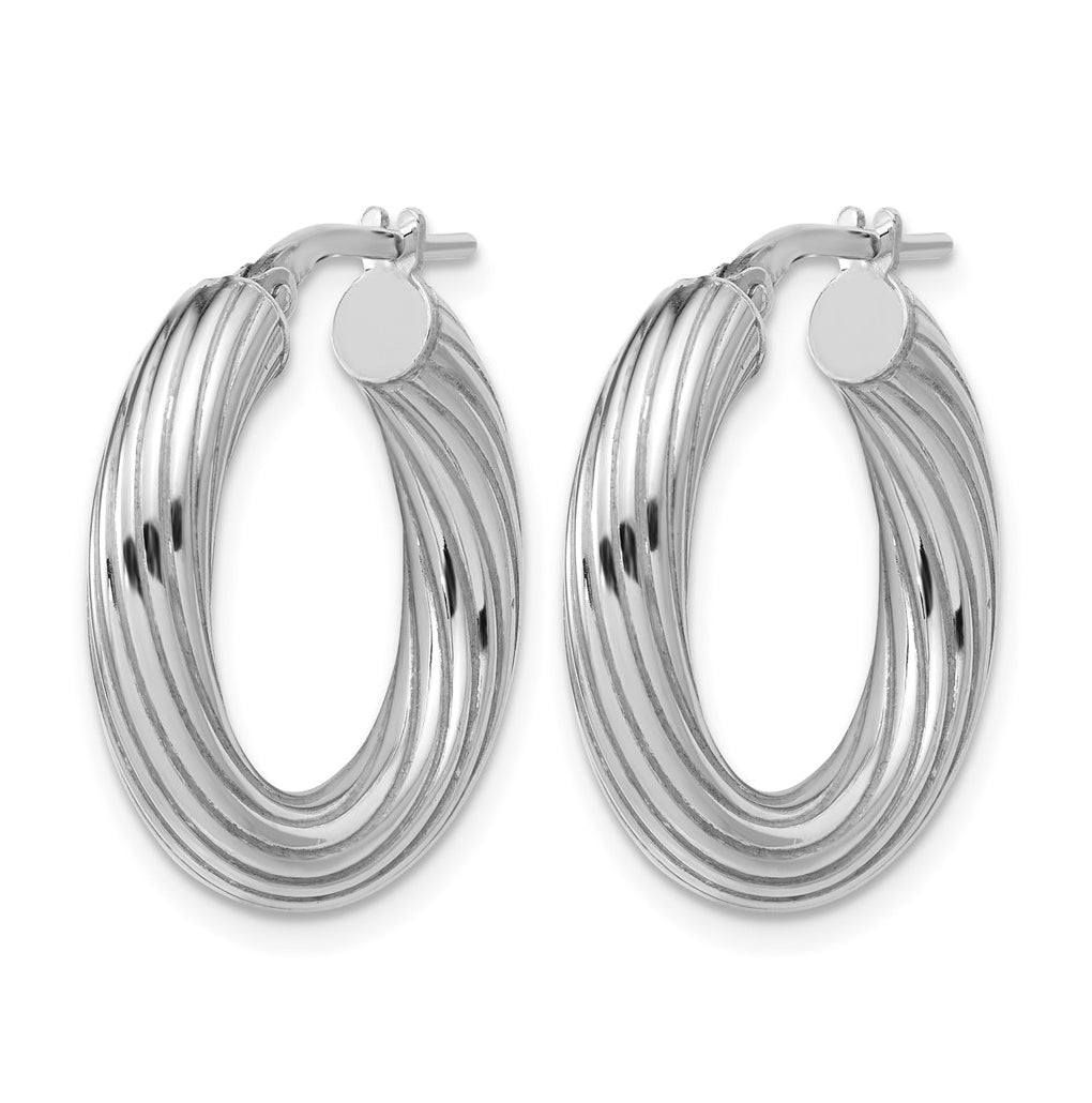 Sterling Silver Rh-Plated Polished Grooved Hoop Earrings