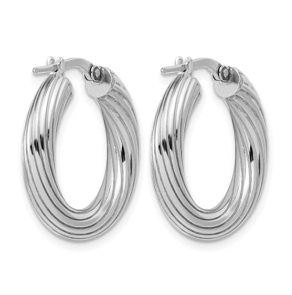 Sterling Silver Rh-Plated Polished Grooved Hoop Earrings