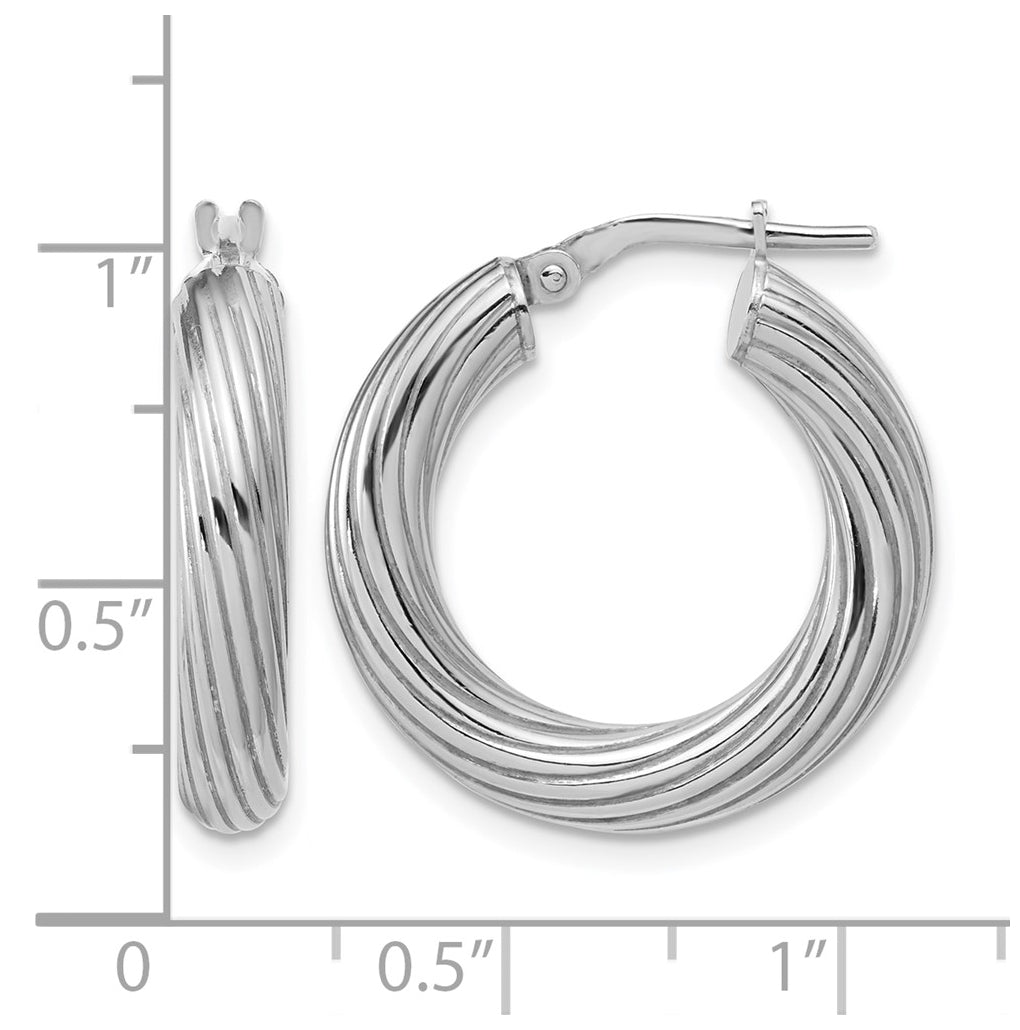 Sterling Silver Rh-Plated Polished Grooved Hoop Earrings