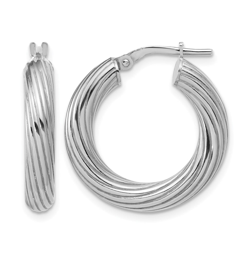 Sterling Silver Rh-Plated Polished Grooved Hoop Earrings