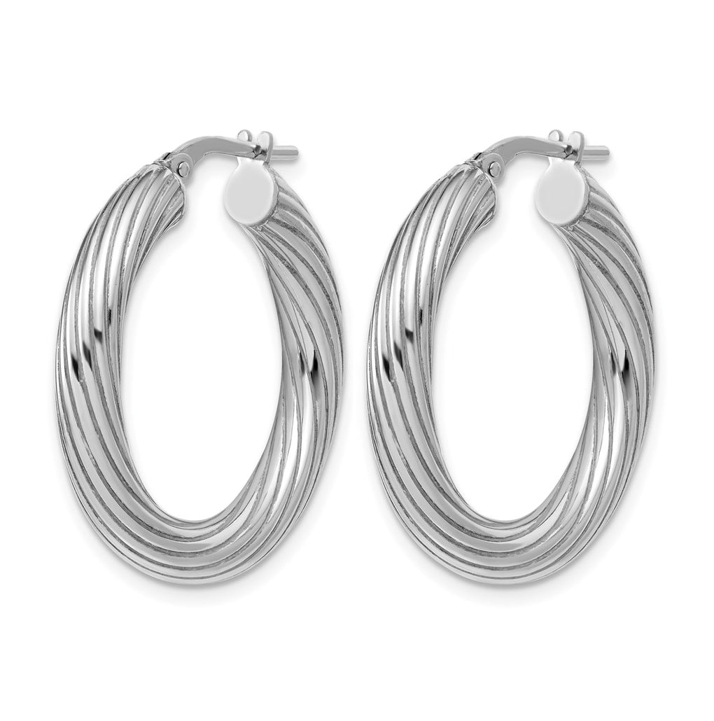 Sterling Silver Rh-Plated Polished Grooved Hoop Earrings