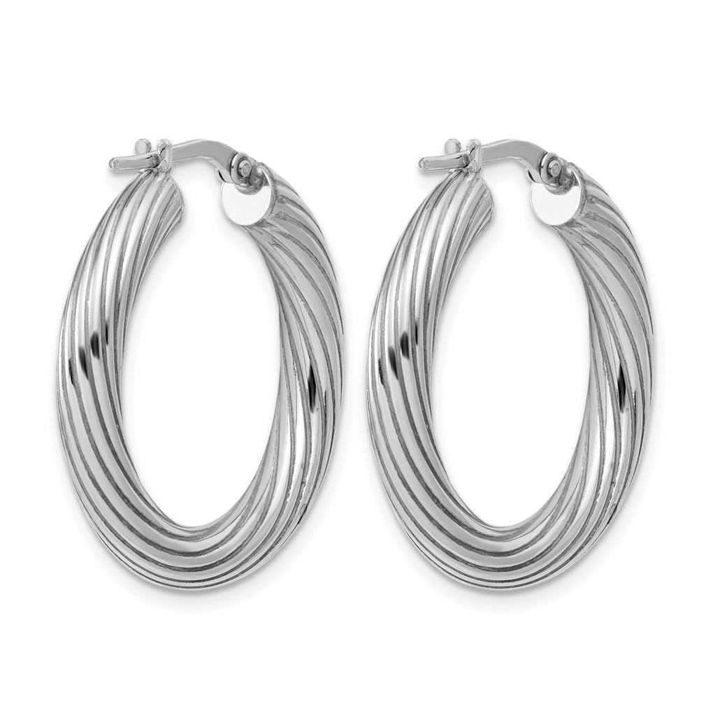 Sterling Silver Rh-Plated Polished Grooved Hoop Earrings