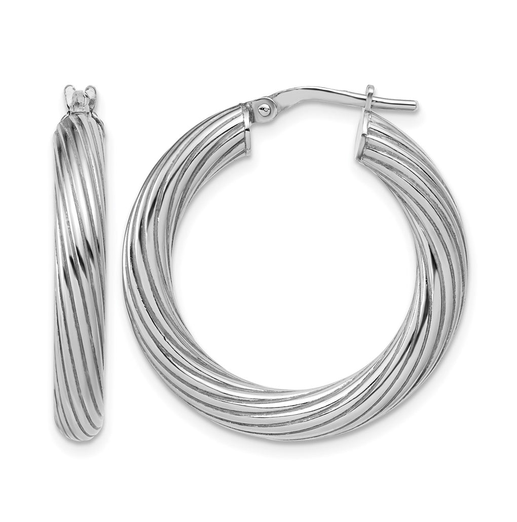 Sterling Silver Rh-Plated Polished Grooved Hoop Earrings