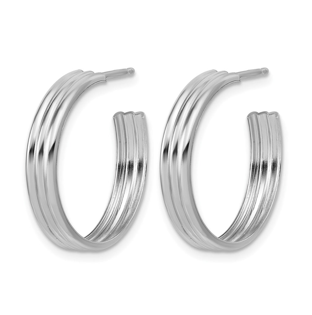 Sterling Silver Rh-Plated Polished Grooved J-Hoop Post Earrings