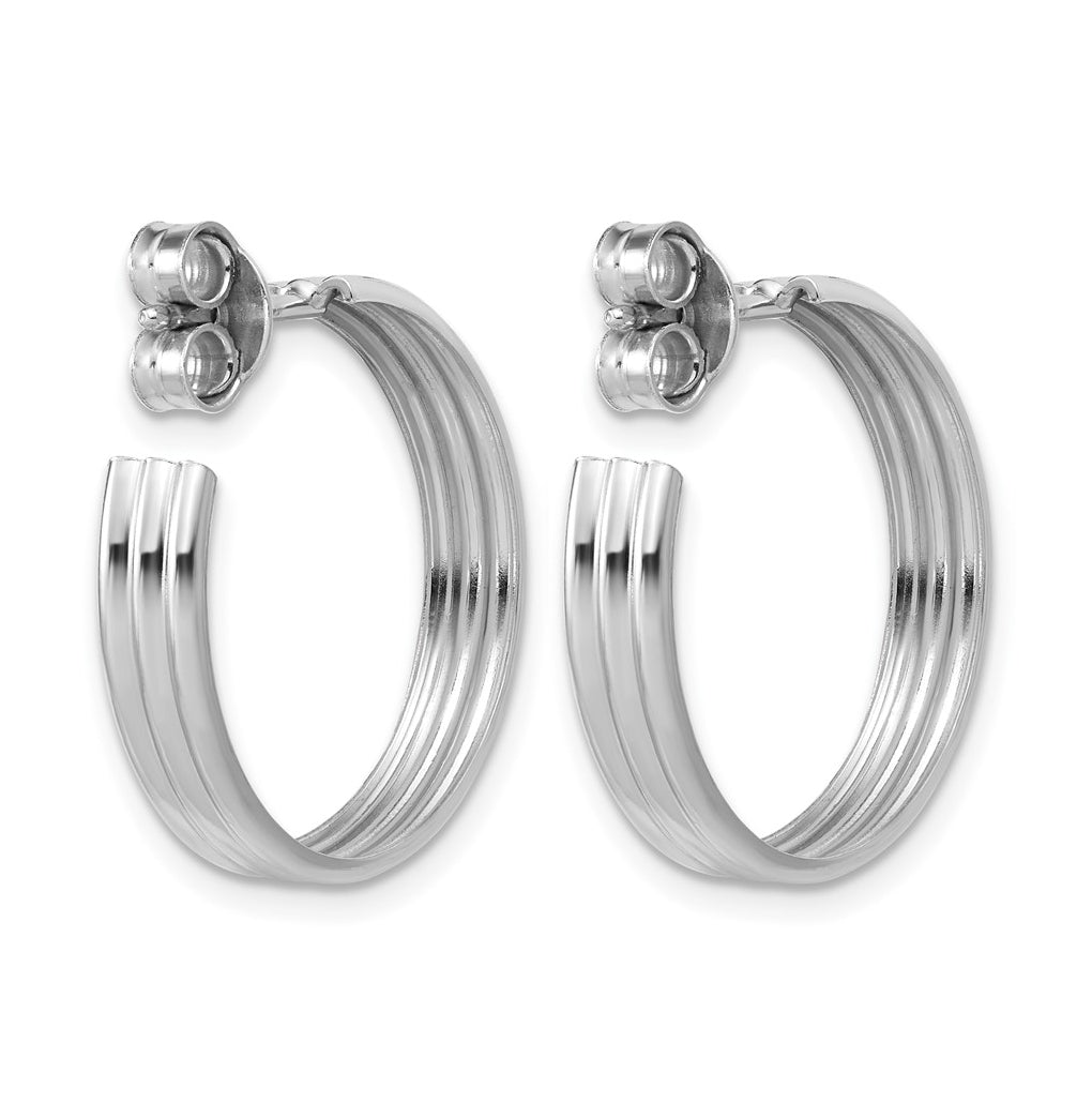 Sterling Silver Rh-Plated Polished Grooved J-Hoop Post Earrings