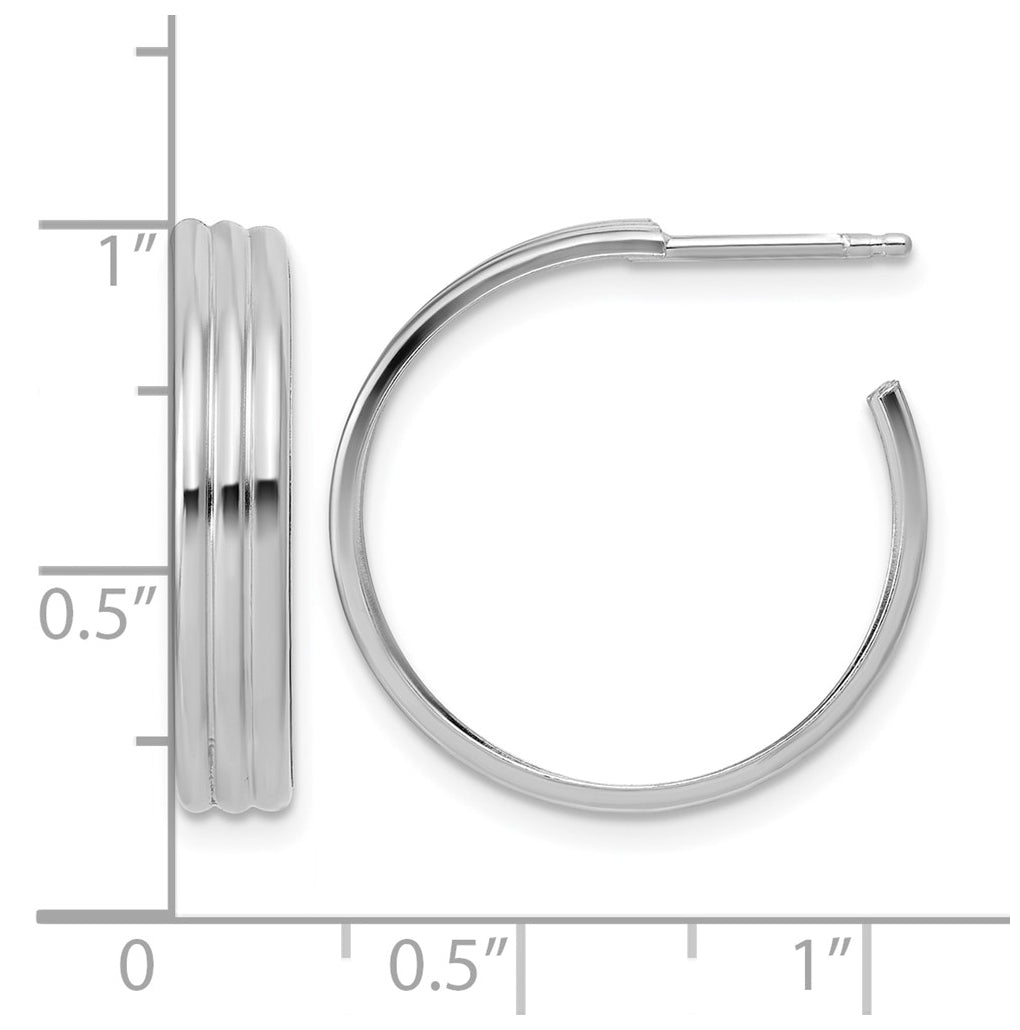 Sterling Silver Rh-Plated Polished Grooved J-Hoop Post Earrings