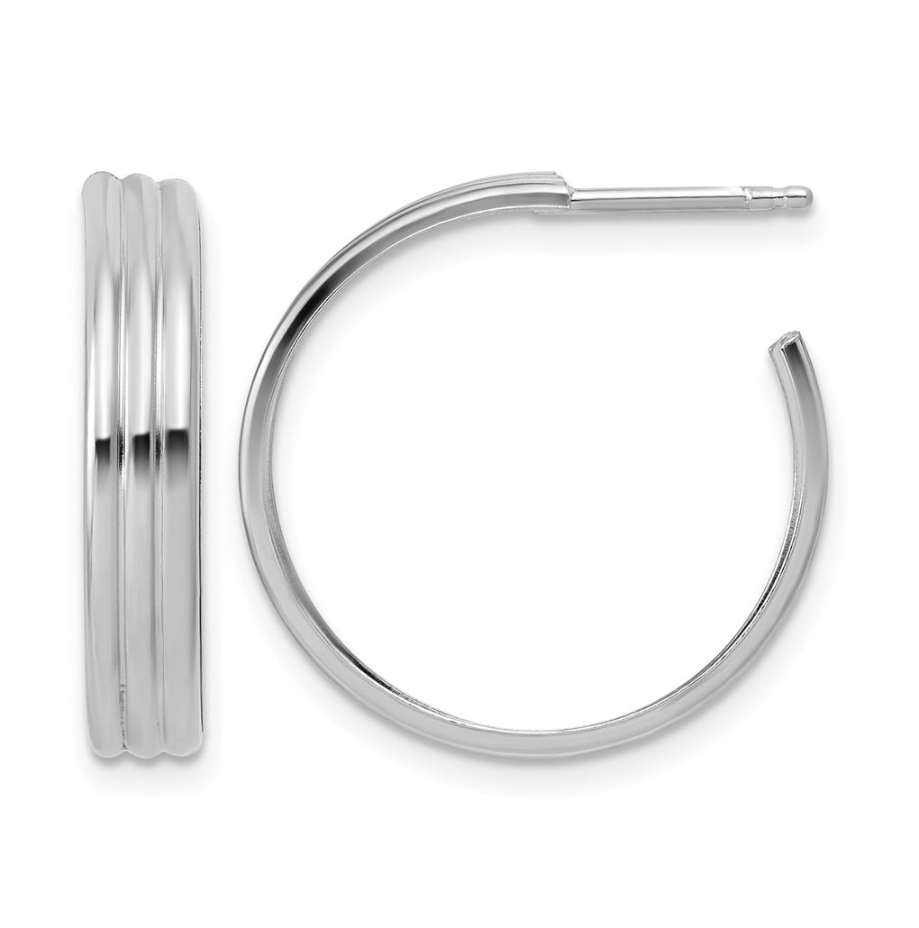 Sterling Silver Rh-Plated Polished Grooved J-Hoop Post Earrings
