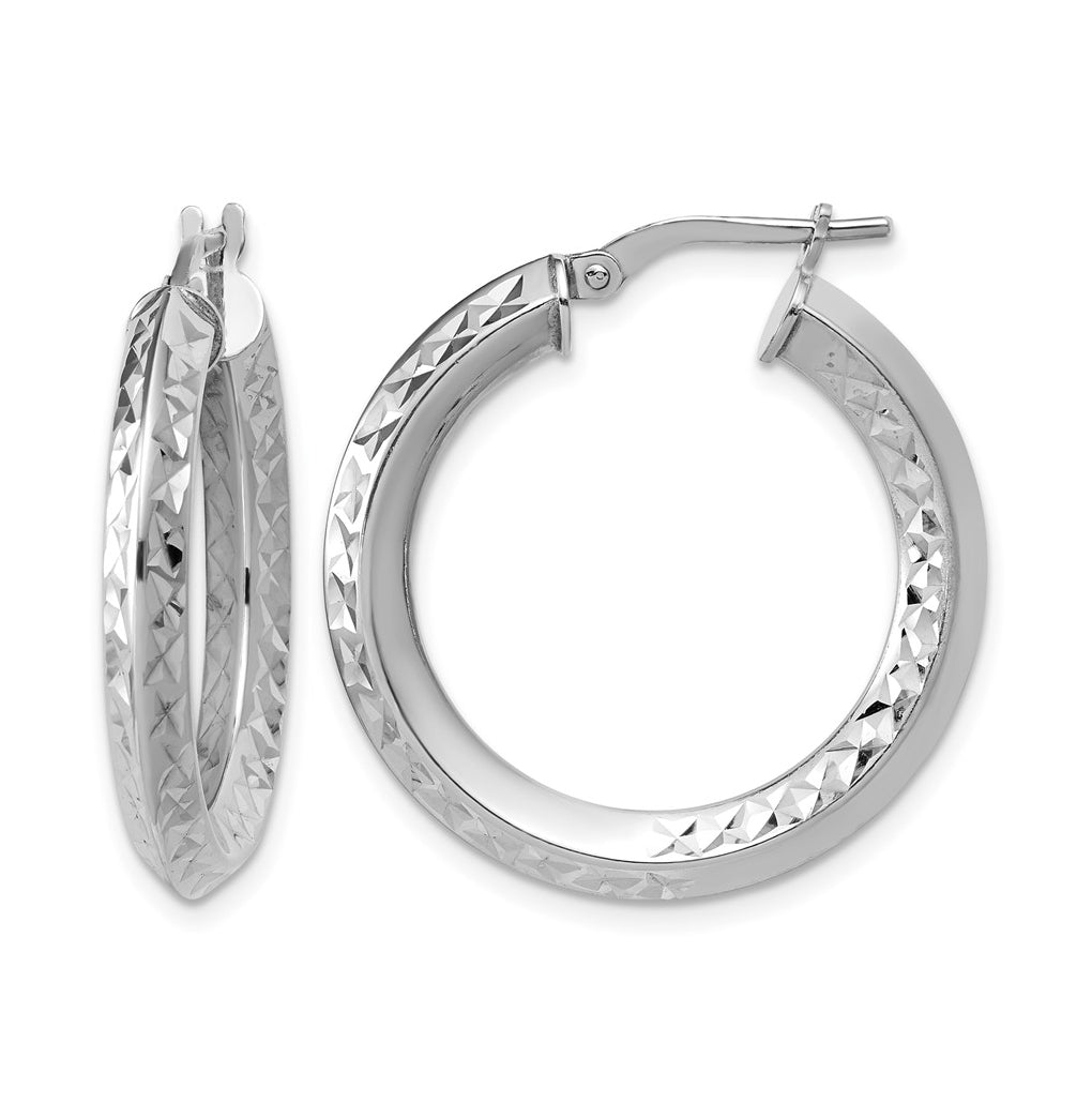 Sterling Silver RH-plated Polished and Diamond-cut Hoop Earrings